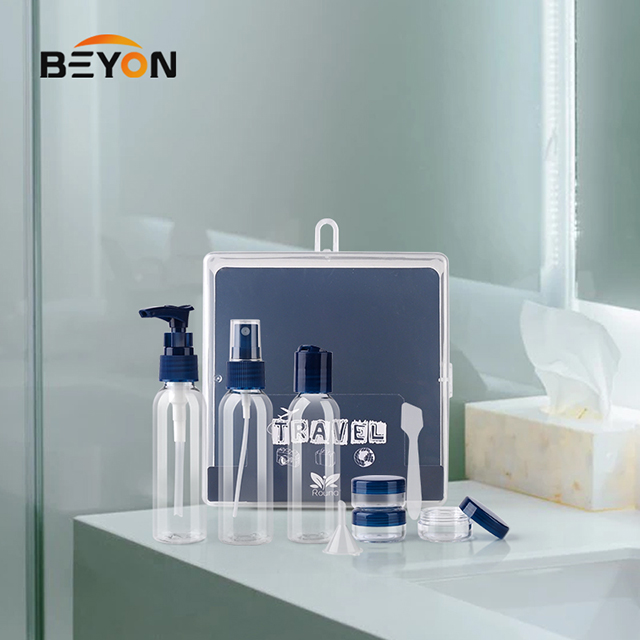 Custom 7pcs travel plastic bottle jar set kit PET with plastic lotion pump spray bottle Cream Jar